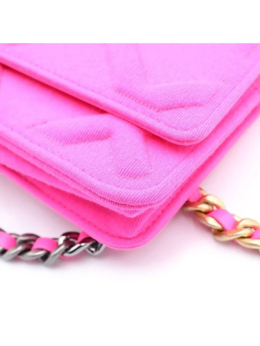 Chanel 19 Quilted CC Logo Jersey Lambskin Chain Shoulder Bag Pink
